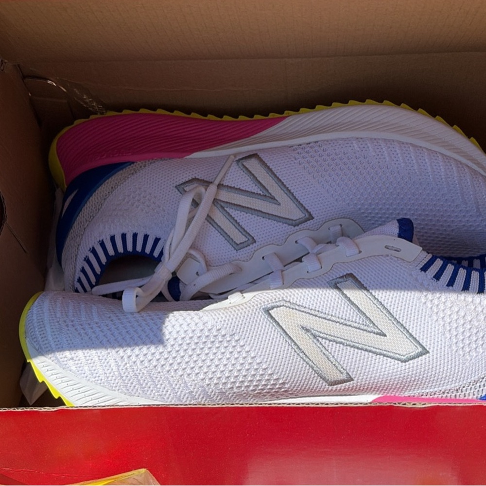 New Balance White Knit Sneakers with Pink, Blue & Yellow Accents